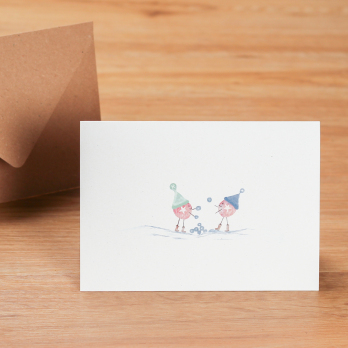 Weihnachtskarte Schneeballschlacht